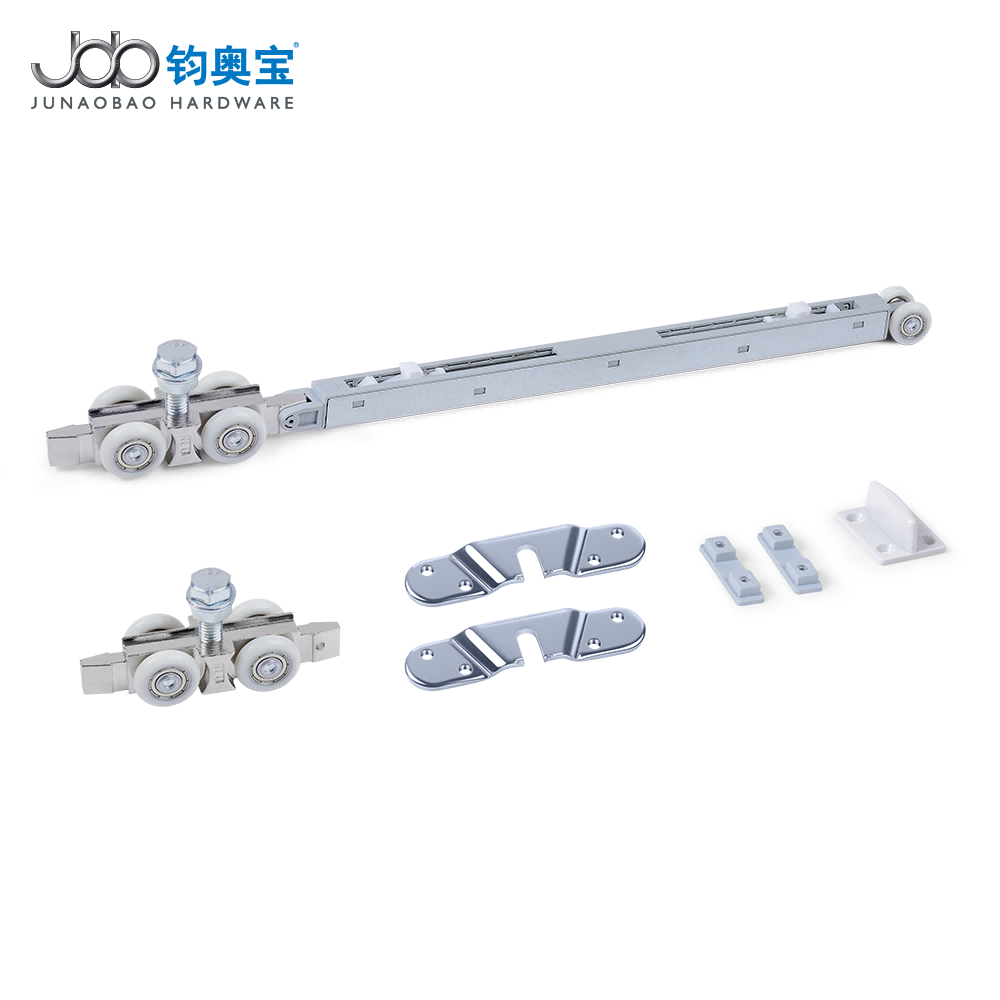 تركيبات حلول Junaobao Hardwares السلسة والناعمة للباب المنزلق مع بكرة علوية ومثبط مزدوج وعجلات تعليق ناعمة الإغلاق